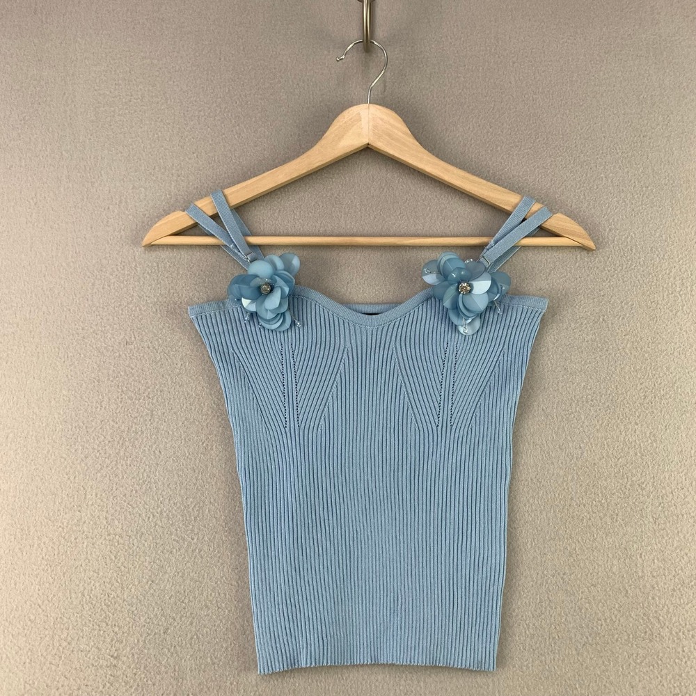 Balboa Fashion Zoe Cami Tank Top Womens S Blue Ribbed Knit Floral Coquette Y2K